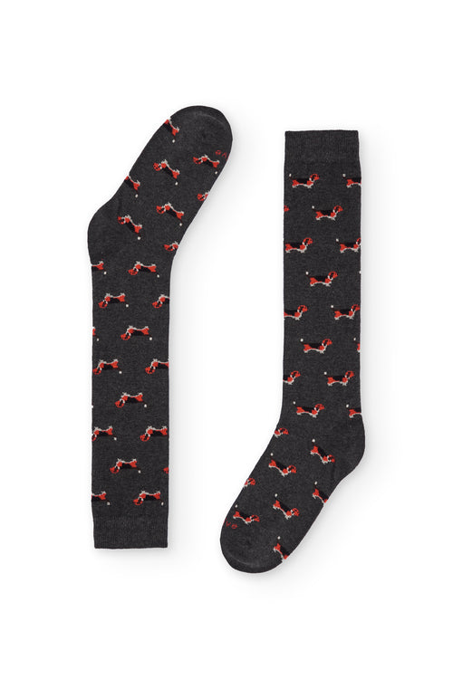 Calcetines gris oscuro con estampado de beagle, caña alta, 90 % algodón y logo en la puntera, tejidos en España.