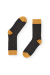 Calcetines gris oscuro de canalé, caña alta, 90 % algodón y logo NAIVE en la puntera; tejidos en España.