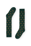 Calcetines verdes de caña alta con estampado de monos, 90 % algodón y logo en la puntera, tejidos en España.