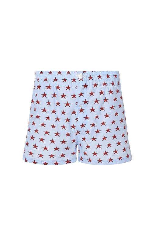 Calzoncillo azul claro 100 % algodón con estampado de estrellas, cintura elástica y cierre frontal de botones.