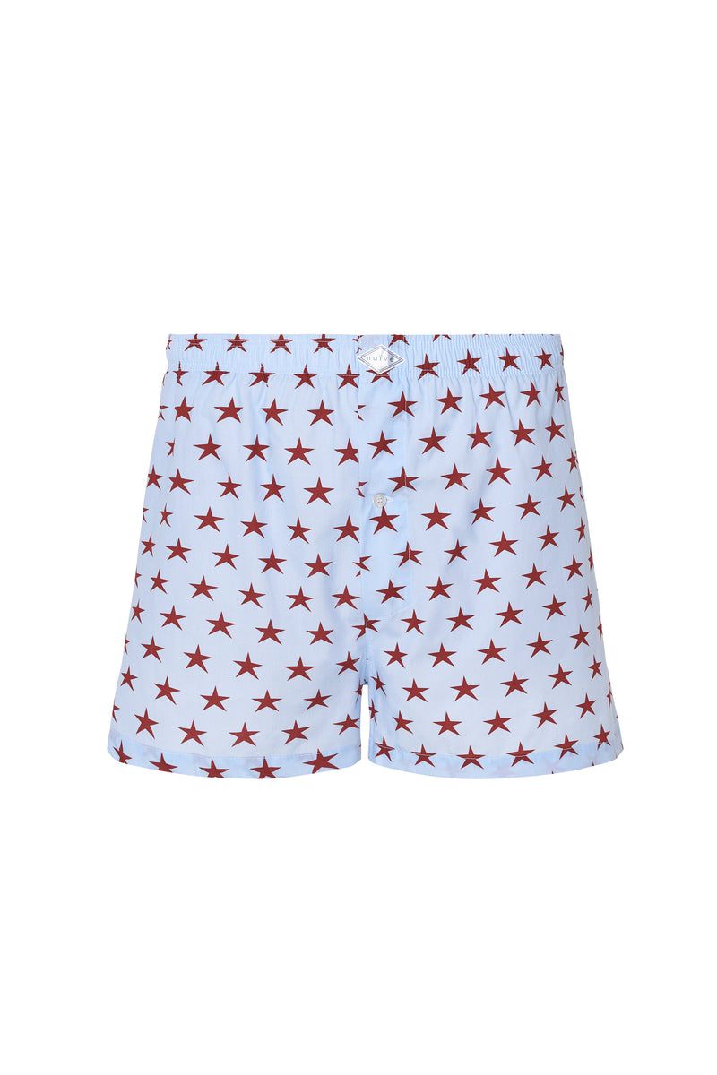 Calzoncillo azul claro 100 % algodón con estampado de estrellas, cintura elástica y cierre frontal de botones.