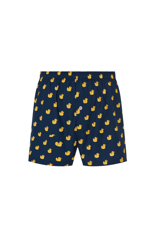 Calzoncillo azul índigo 100 % algodón con estampado de patitos, cintura elástica y cierre frontal de botones.