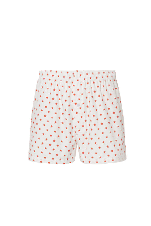 Calzoncillo blanco 100 % algodón con estampado de estrellas, cintura elástica y cierre frontal de botones.