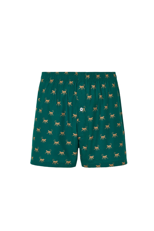 Calzoncillo verde 100 % algodón con estampado de mono, cintura elástica y cierre frontal de botones.