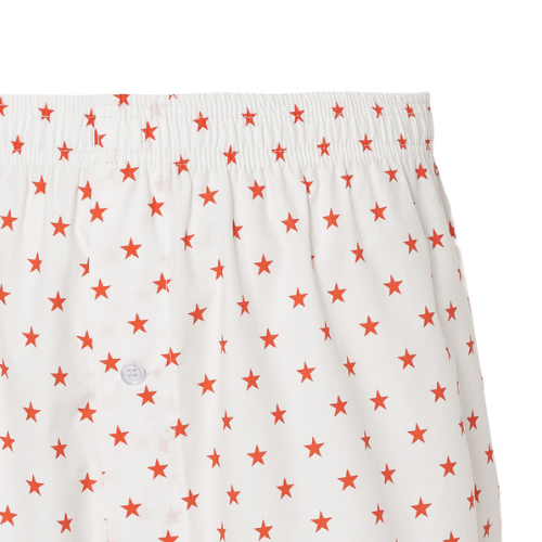 Ropa interior masculina en algodón blanco con diseño de estrellas, cinturilla elástica y botonadura delantera para mayor comodidad.
