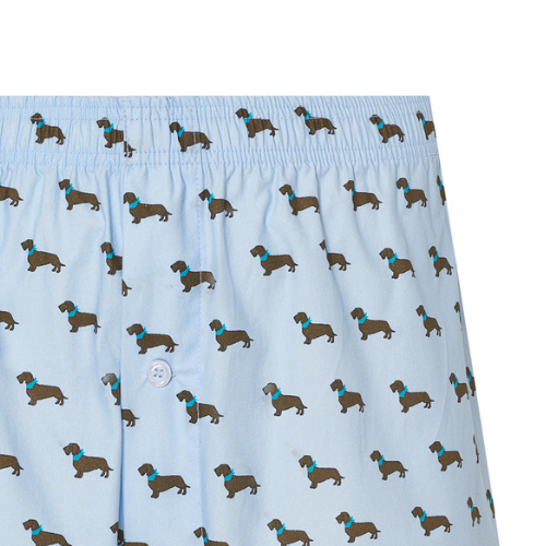 Ropa interior masculina en algodón azul claro con diseño de perro teckel, cintura elástica y abertura con botonadura para mayor confort.