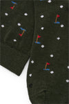 Calcetines knee-high verdes con diseño de palos y pelotas de golf, mezcla de algodón y lycra, detalle de logo, fabricación española.